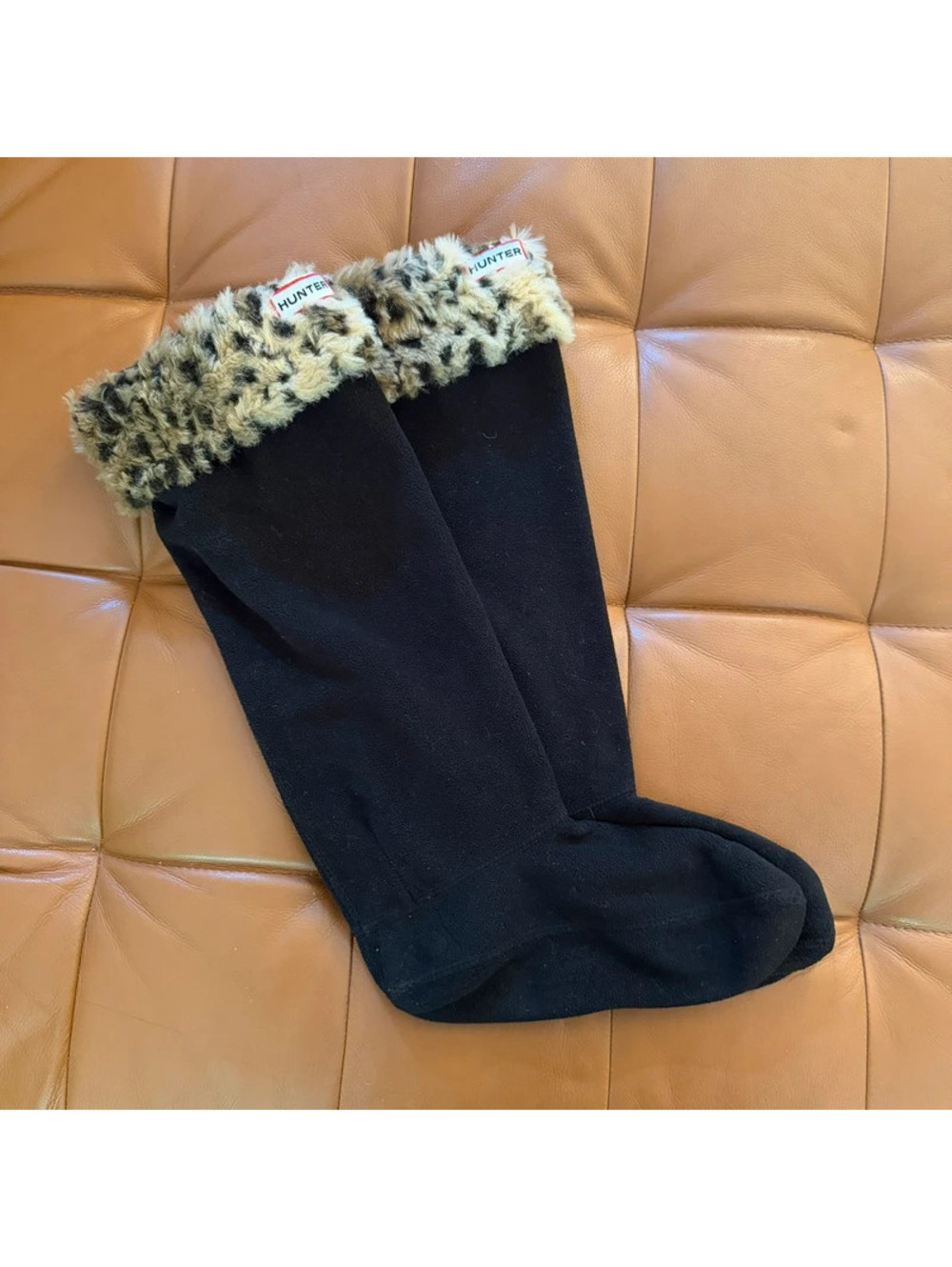 Hunter Tall Boot Socks Fleece Welly Liners Leopard Faux Fur Cuff Size M/L